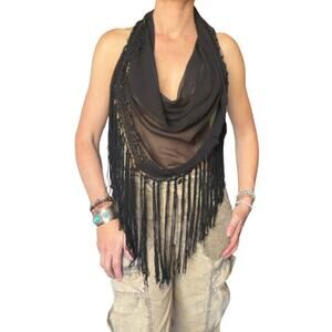 Whimsygoth Black Sheer Fringe Shawl Crochet Triangle Scarf Festival Witchy Layer